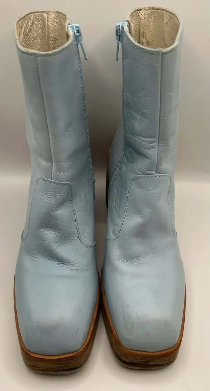 Free People Baby Blue Leather Platform Boots 36.5 Chunky Heel Made Spain